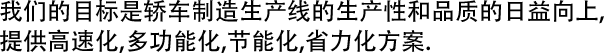 我们的目标是轿车制造生产线的生产性和品质的日益向上,提供高速化,多功能化,节能化,省力化方案.
