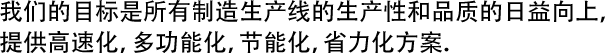  我们的目标是所有制造生产线的生产性和品质的日益向上,提供高速化,多功能化,节能化,省力化方案.